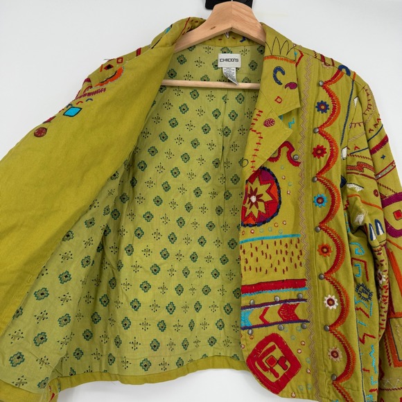 Chico's Green Boho Artsy Embroidered Studded Cropped Jacket Size 2 L - Picture 5 of 13